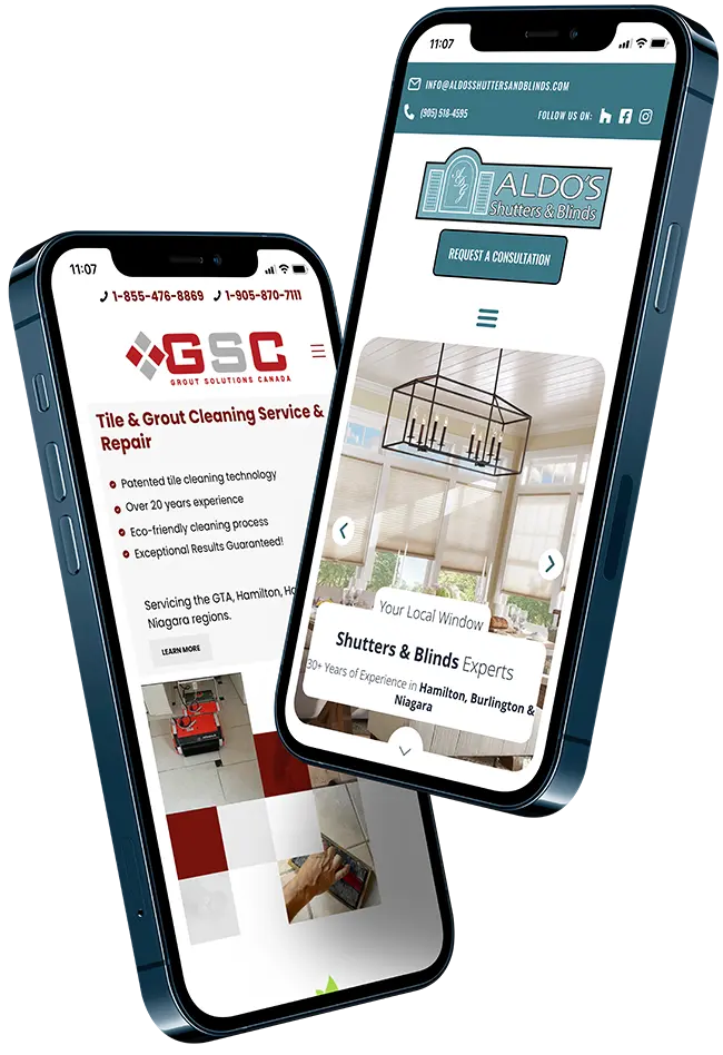 Mobile view of two websites designed by Massive Web Design – GSC Grout Solutions Canada and Aldo's Shutters & Blinds – showcasing responsive, modern web design on smartphones.