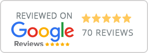 Google Reviews badge showing 5-star rating with 70 reviews.