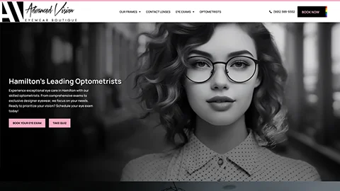 Screenshot of a custom responsive website homepage designed for Advanced Vision Eyewear Boutique Hamilton's Leading Optometrists