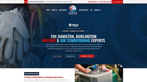 Screenshot of a custom responsive website homepage designed for Aria Heating & Cooling a Residential & Commercial HVAC Company in the hamilton and Burlington area